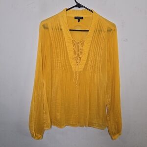 Rag & Bone Sachi Blouse Women's Size Large Yellow Boho Pintuck Tie Cotton Silk